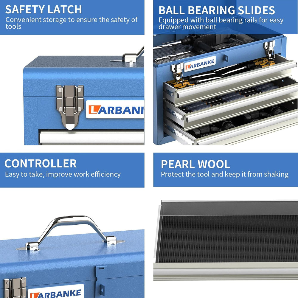 LARBANKE Metal Tool Box,3 Drawer Tool Box with Top Storage Tray, Portable Too...
