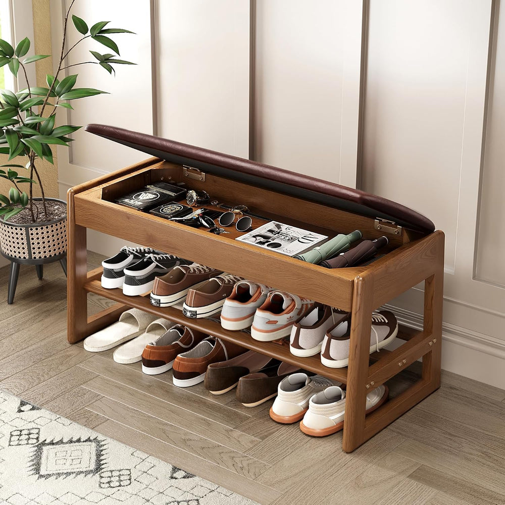 Shoe Rack Bench with Hidden Storage, 2‑Tier Solid Rubberwood Entryway Bench