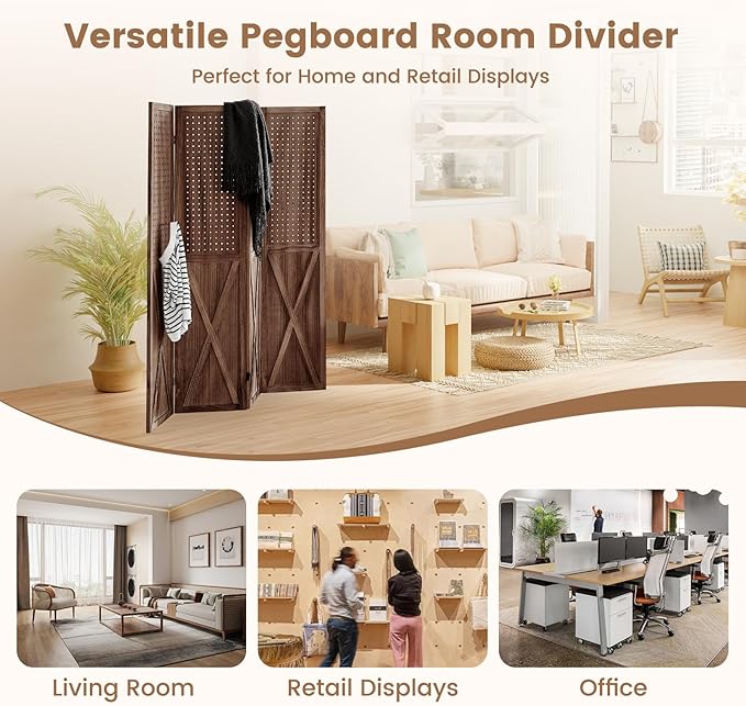 ALeesing 4 Panel Pegboard Wood Room Divider, 5.6Ft Pegboard Display Folding