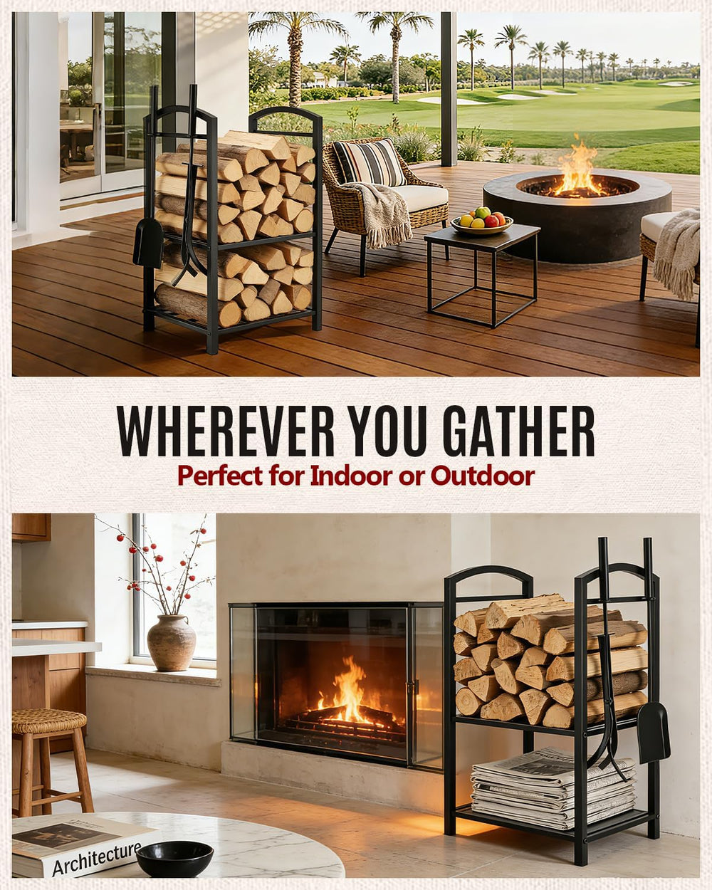 29" Heavy Duty Firewood Rack Indoor with 4 Fireplace Tools Set