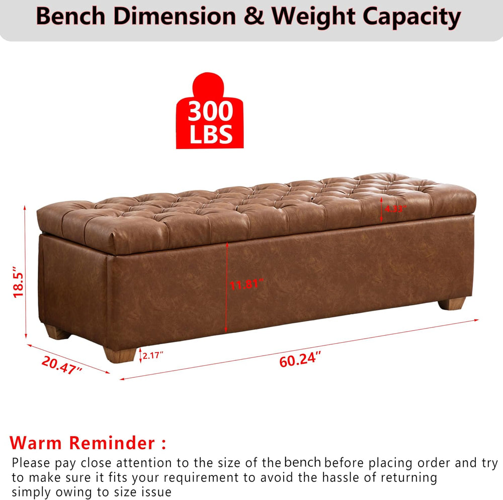 60.2" Storage Ottoman Bench for Bedroom Bed End,Brown PU Leather Bench w...