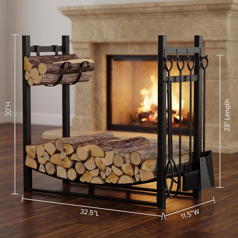 Fire Beauty Firewood Rack Log Holder Wood Storage with 4 Fireplace Tool Set