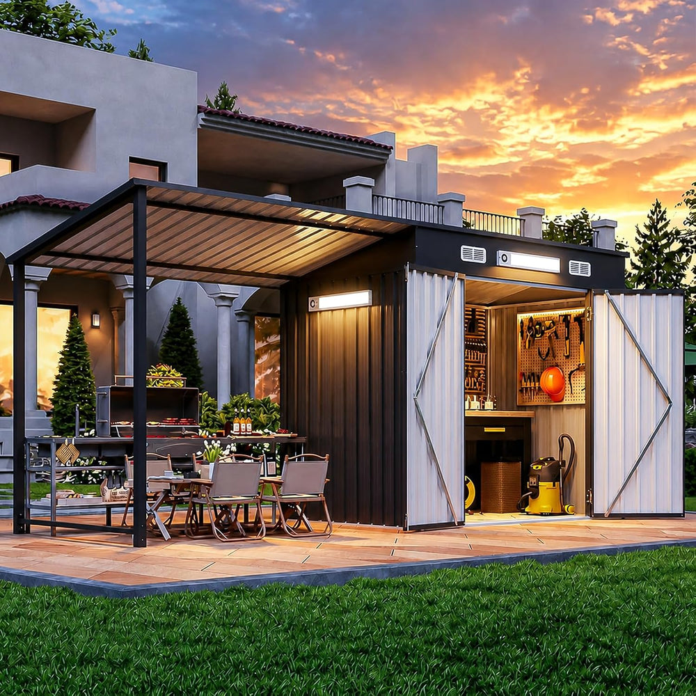 Aoxun 6x4FT Outdoor Storage Shed & Hardtop Gazebo with Magnetic Lights