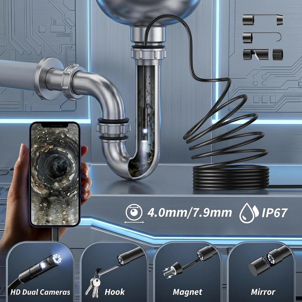 Dual-Lens Endoscope Camera with Light, 1920P HD Borescope