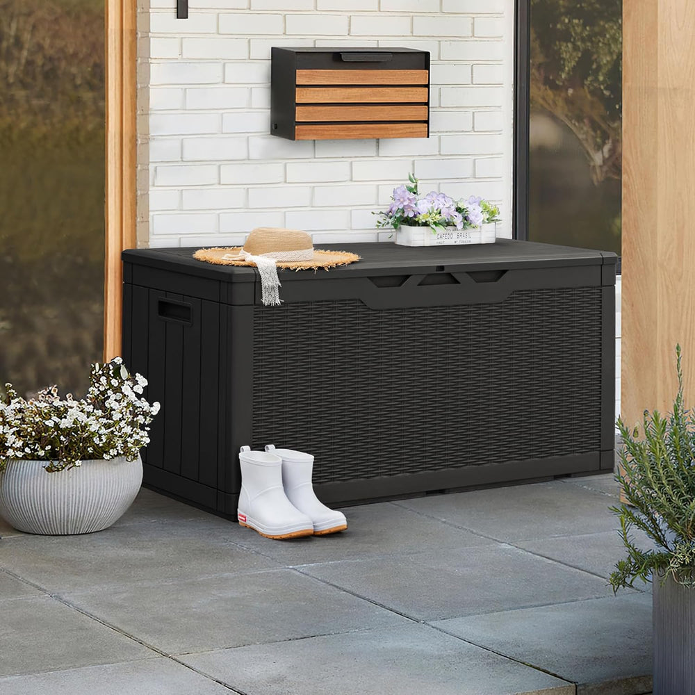 Greesum 100 Gallon Resin Patio Storage Box for Garden Tools, Black