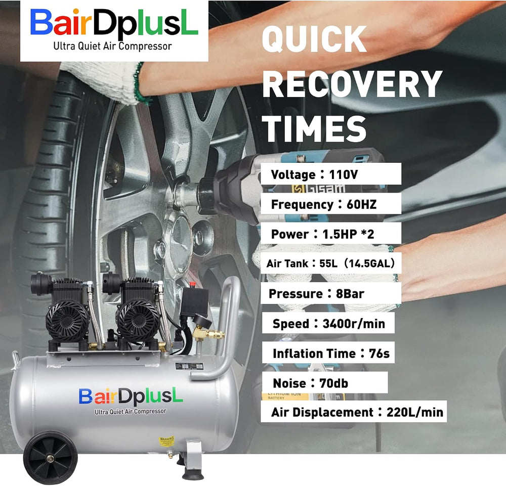 BairDplusL 14.5 Gallon Ultra Quiet Air Compressor 110V/60Hz 1.5HP 8.8CFM MAX ...