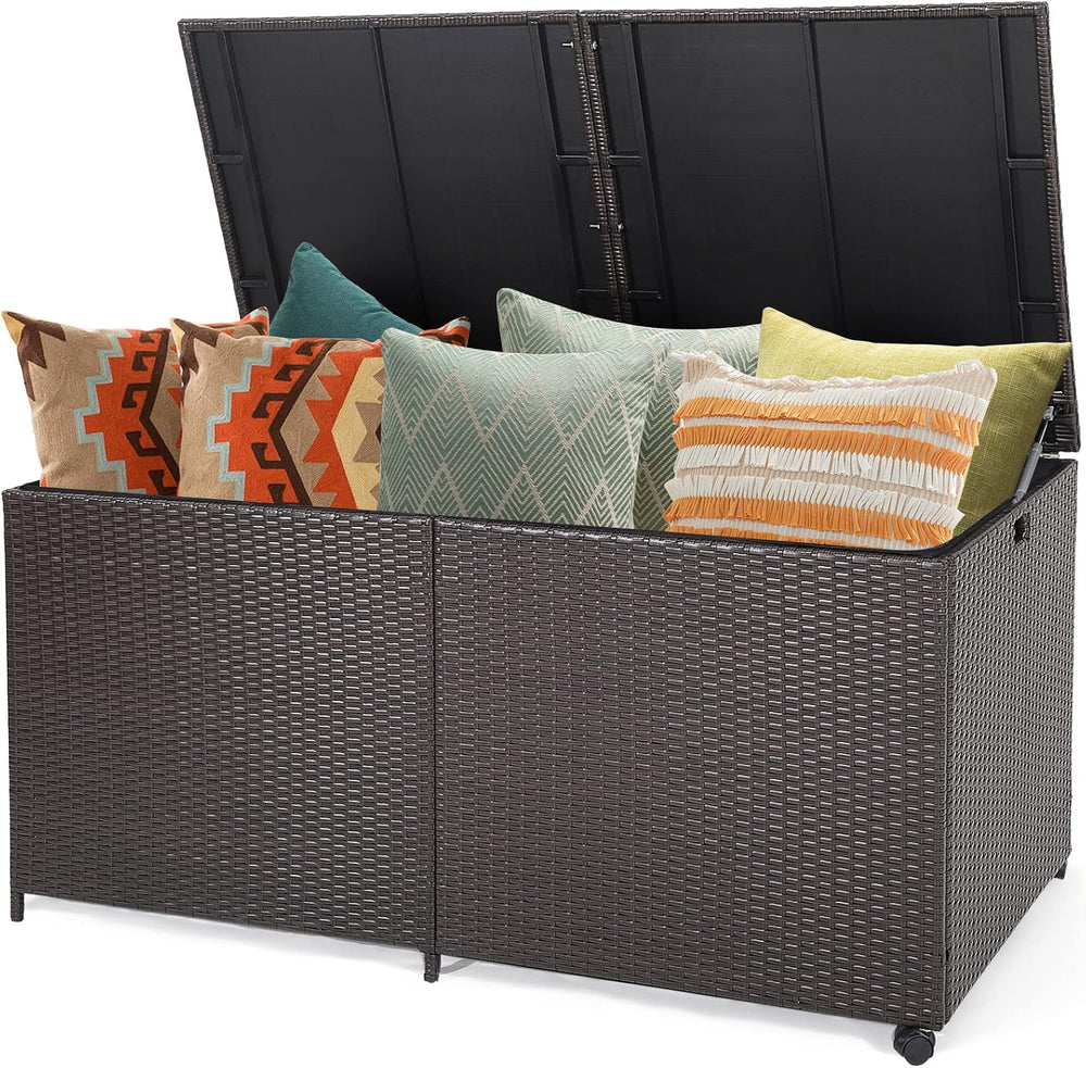 RELAX4LIFE 175-Gallon Outdoor Storage Box, Wicker Rattan Outside Storage Cont...