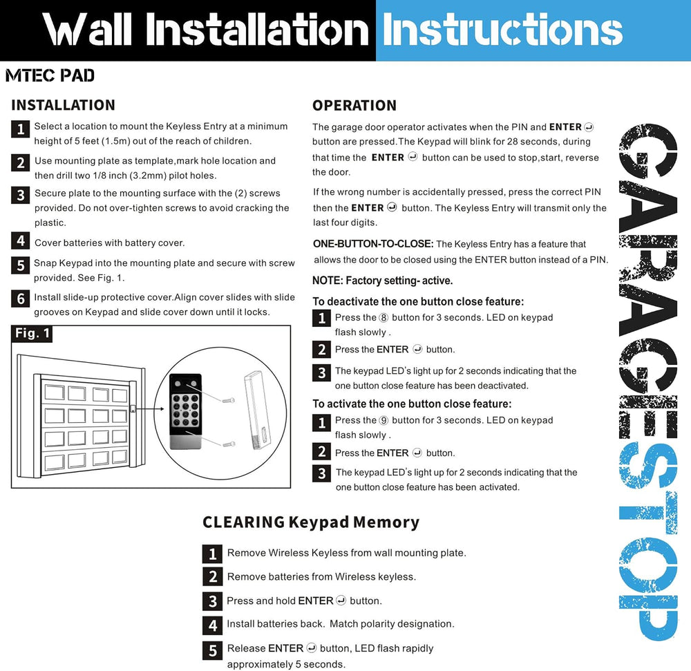 1x Garage Door Keypad for Marantec M13-631, Wireless Keyless Entry 315MHz