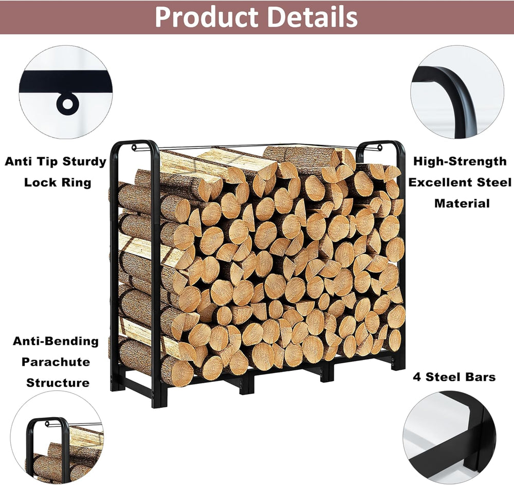 Firewood Rack with Log Carrier, 4FT Outdoor Wood Rack for Firewood, Heavy Dut...