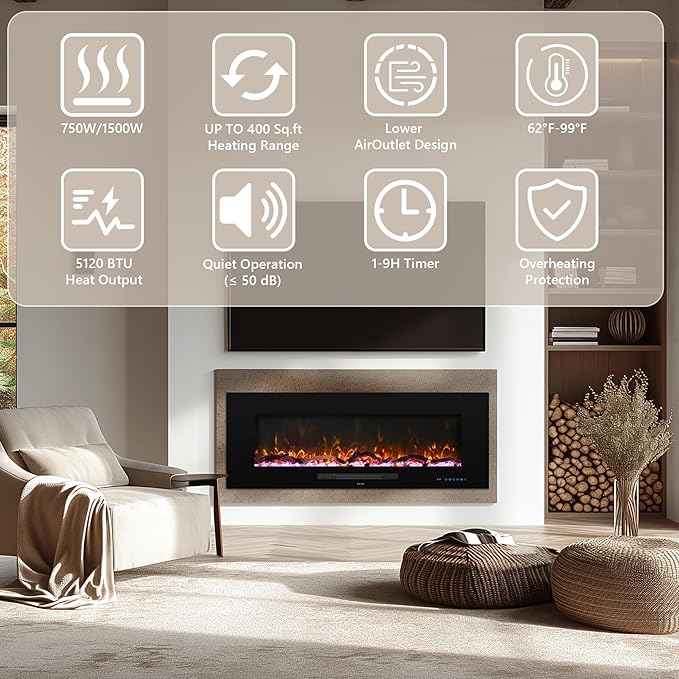 50" Electric Fireplace, Recessed & Wall Mounted Fireplace Heater 13 ...