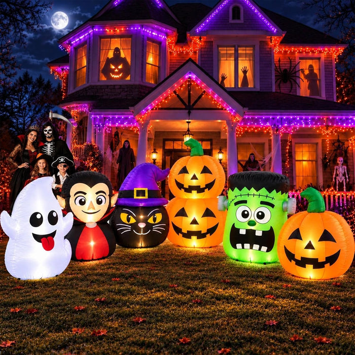 11 FT Halloween Inflatable Decorations Outdoor, Giant Blow Up Halloween Characters Combo with Pumpkin, Ghost, Vampire, Witch, Frankenstein & Black Cat, Built-in LED Lights for Yard Lawn Garden Decor