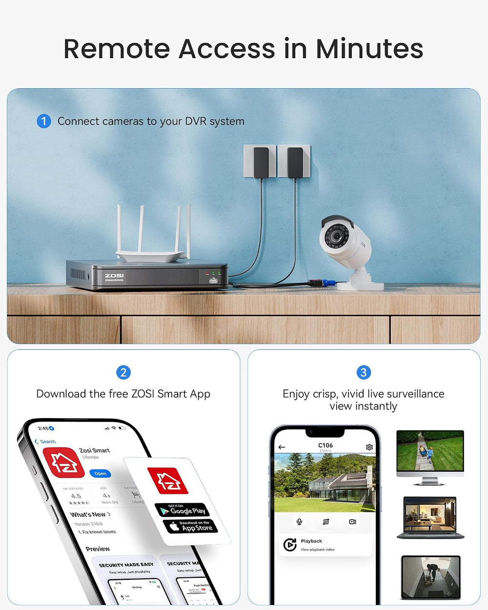 ZOSI 8CH 3K Lite Wired DVR Security Camera System, 4 x 1080p Camera,1TB HDD