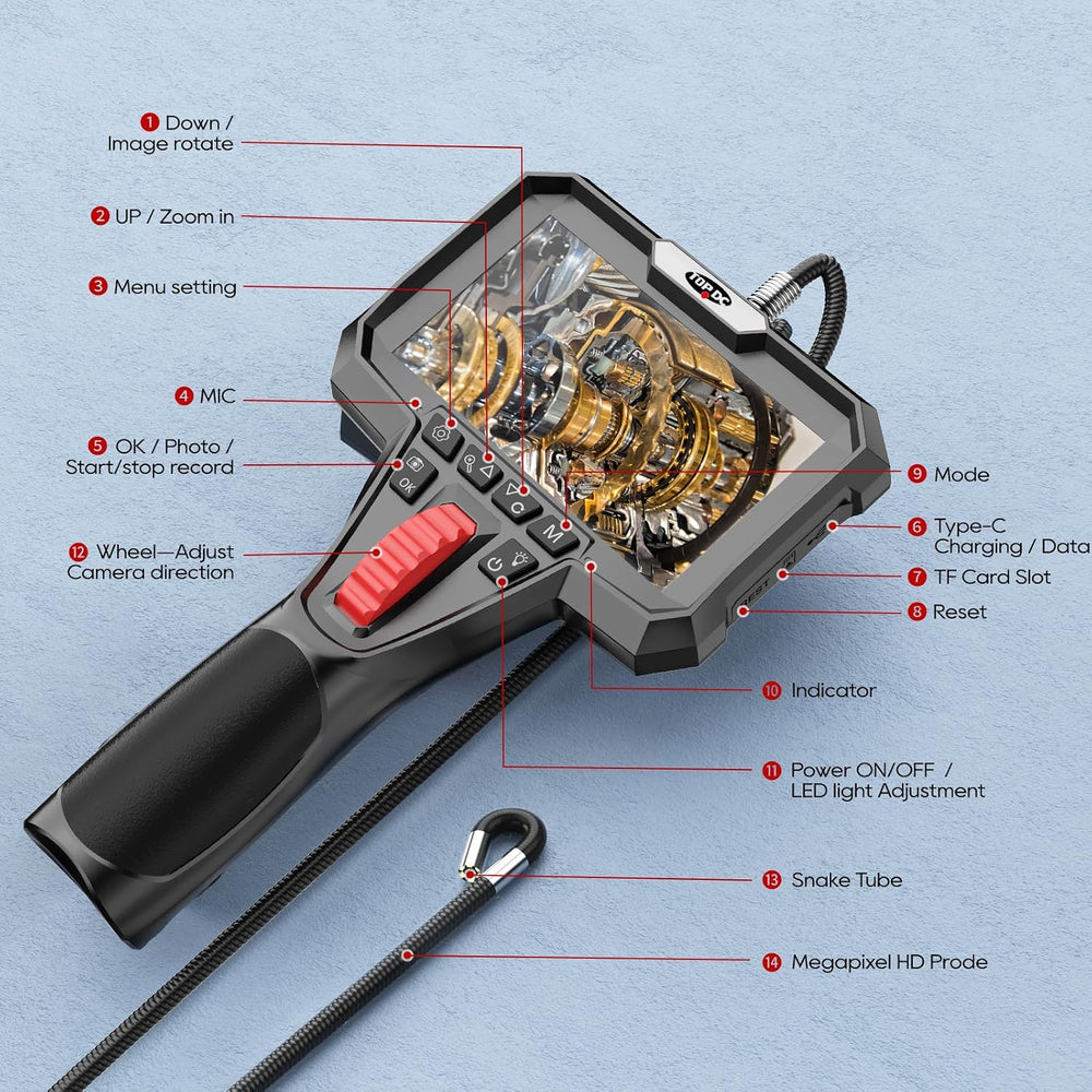 TOPDC Two-Way Articulating Borescope Camera, 1920P, 4.3" Screen, 6.5FT