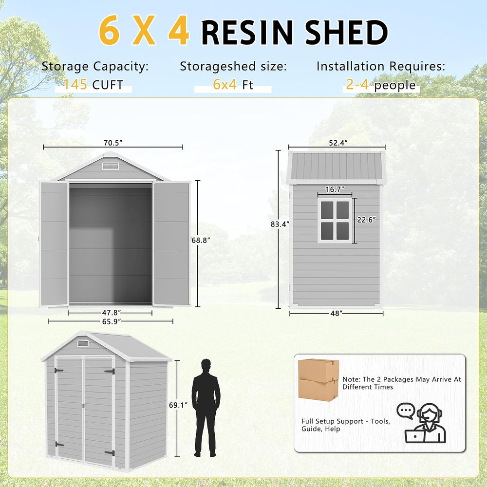 PIPLEO 6x4 FT Resin Outdoor Storage Shed with Floor, Plastic Garden Storage S...