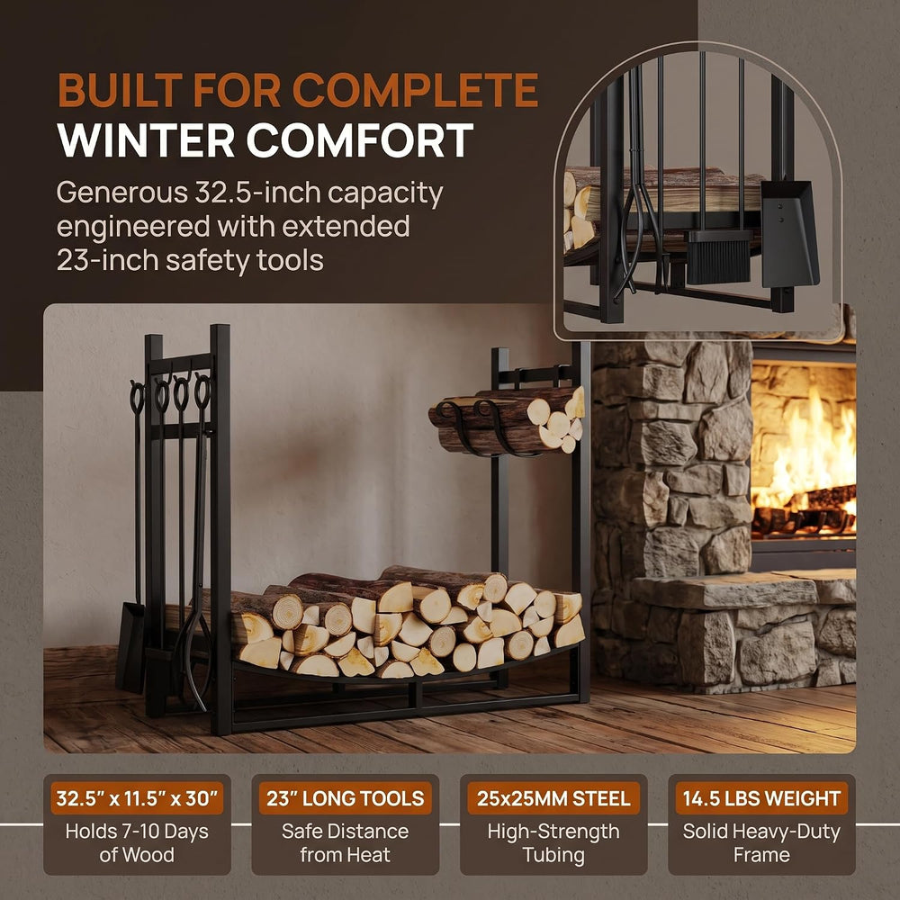 Fire Beauty Firewood Rack Log Holder Wood Storage with 4 Fireplace Tool Set