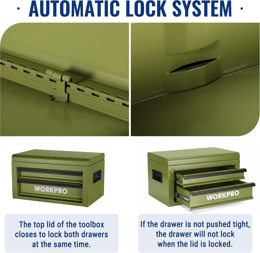 WORKPRO 15-Inch Metal Tool Box with 2 Drawers & Top Storage