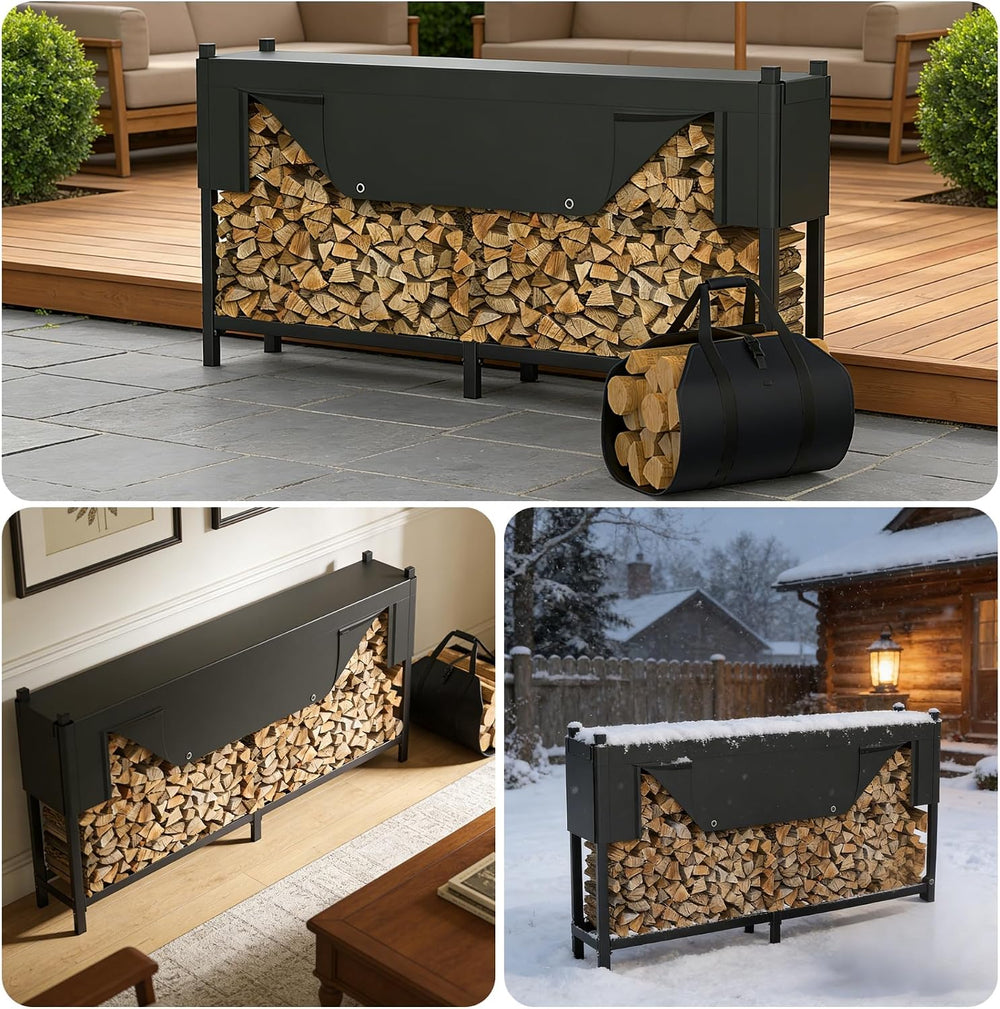 WALMANN Heavy-Duty 8 ft Firewood Rack with Cover & Firewood Carry Bag