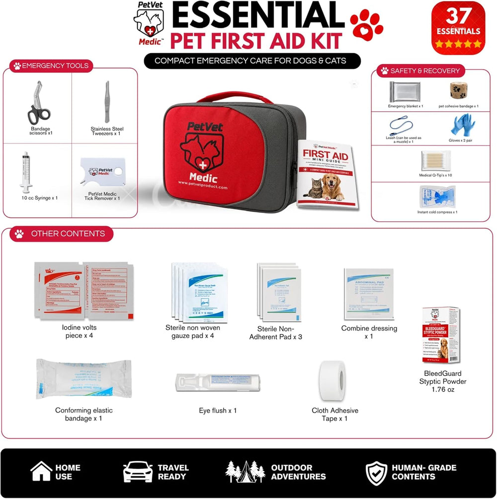 PetVet Medic Essential Pet First Aid Kit for Dogs & Cats – Emergency Home...