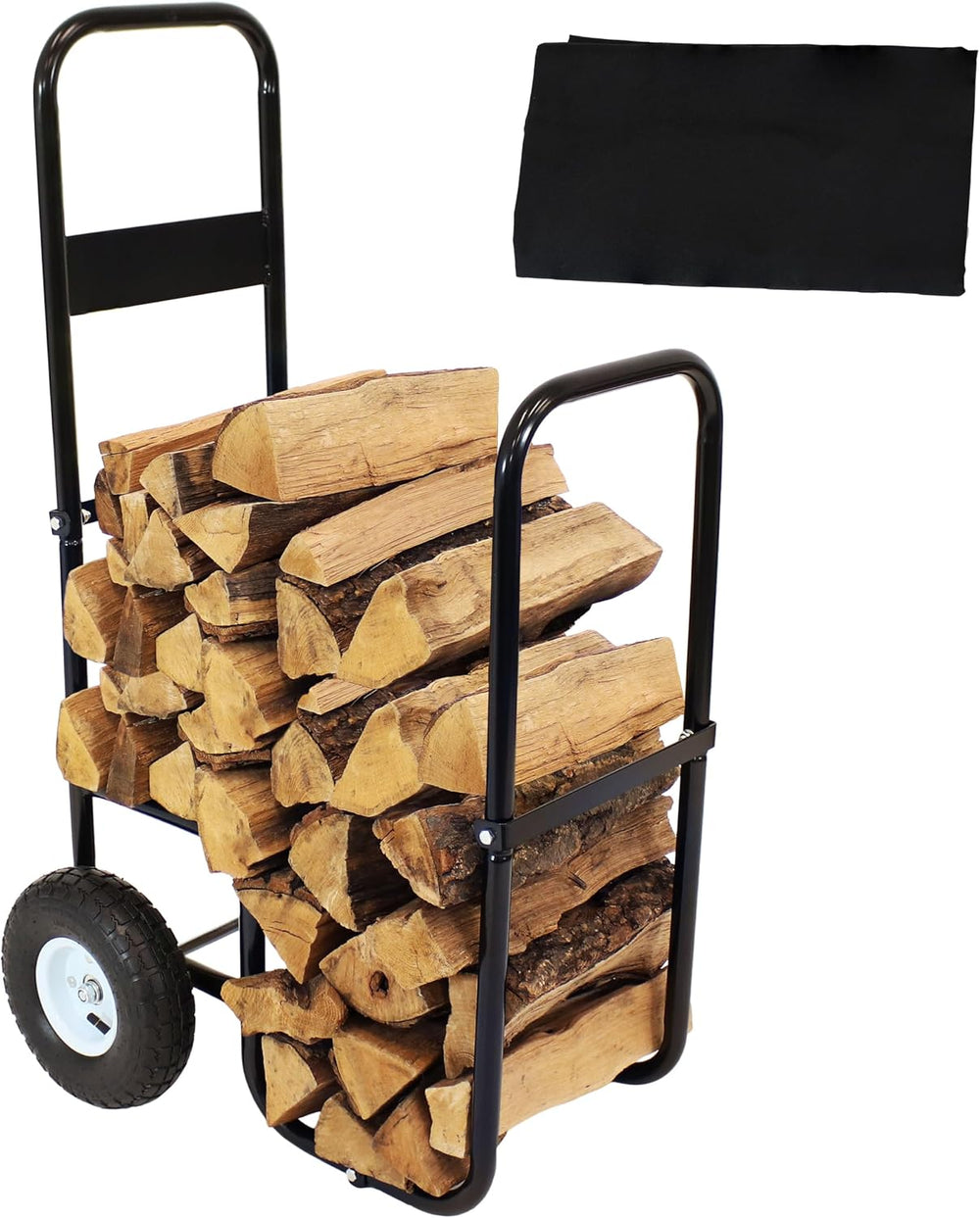 Sunnydaze Metal Firewood Carrier with Wheels, Cover Included, 43” H, Black