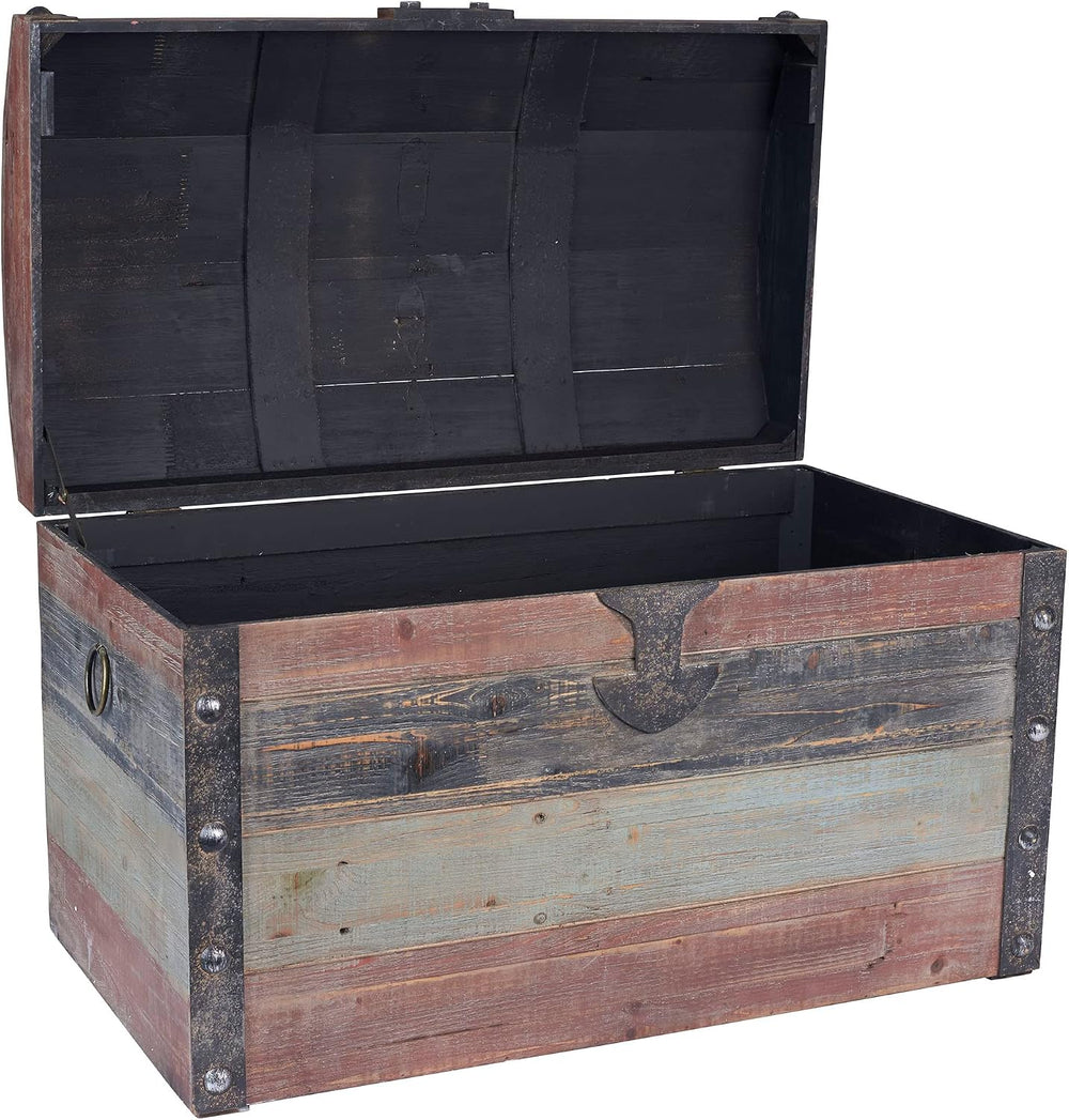 Household Essentials Large Wooden Storage Trunk, Weathered Wood with Paint Fi...