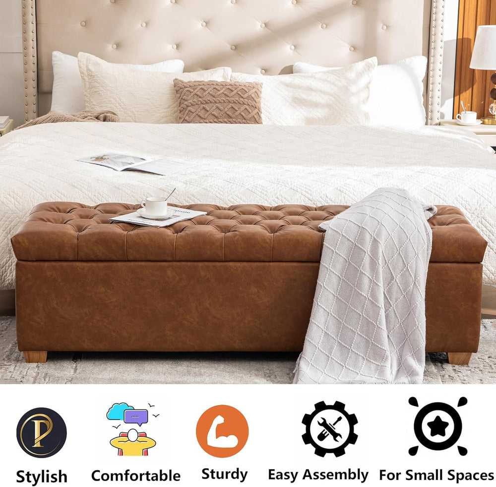 60.2" Storage Ottoman Bench for Bedroom Bed End,Brown PU Leather Bench w...