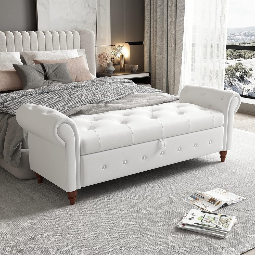 NIOIIKIT 63'' Storage Ottoman Bench, Tufted Entryway Bench White Poly...