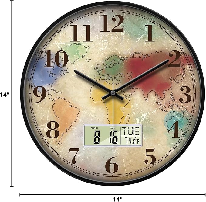 Modern Round Retro Digital and Analog Wall Clock Silent Calendar Colorful World