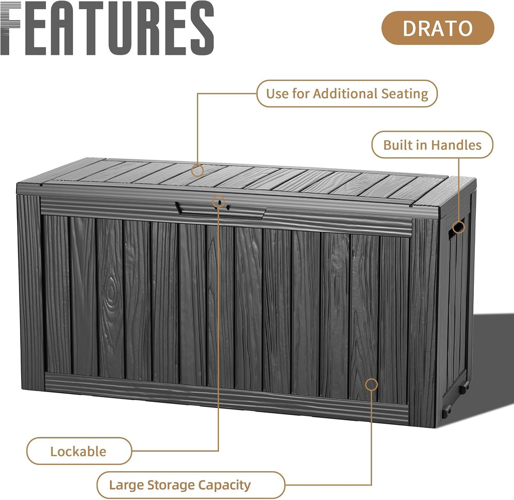 DRATO 100 Gallon Waterproof Deck Box Outdoor Storage Box with Wheels Black