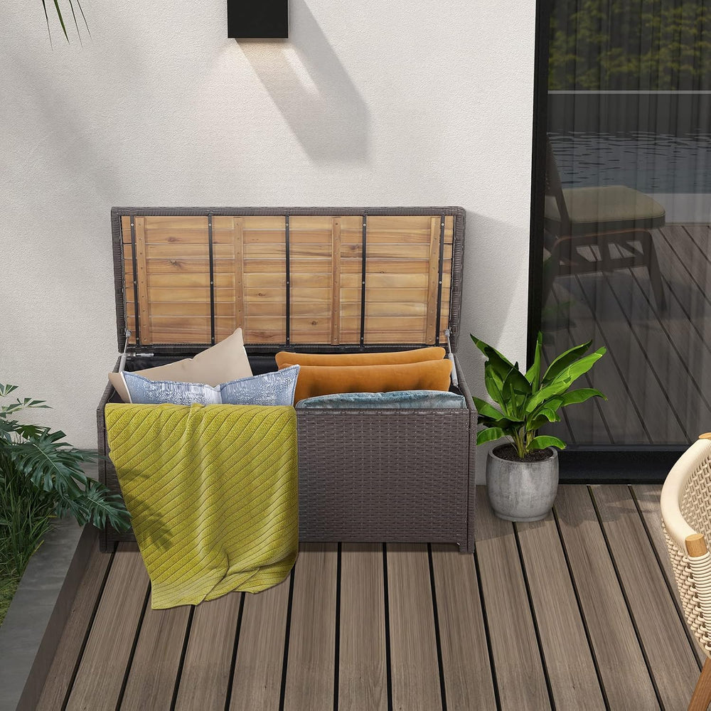 Tangkula 45 Gallon Outdoor Storage Bench, Mix Brown Rattan Storage Container ...