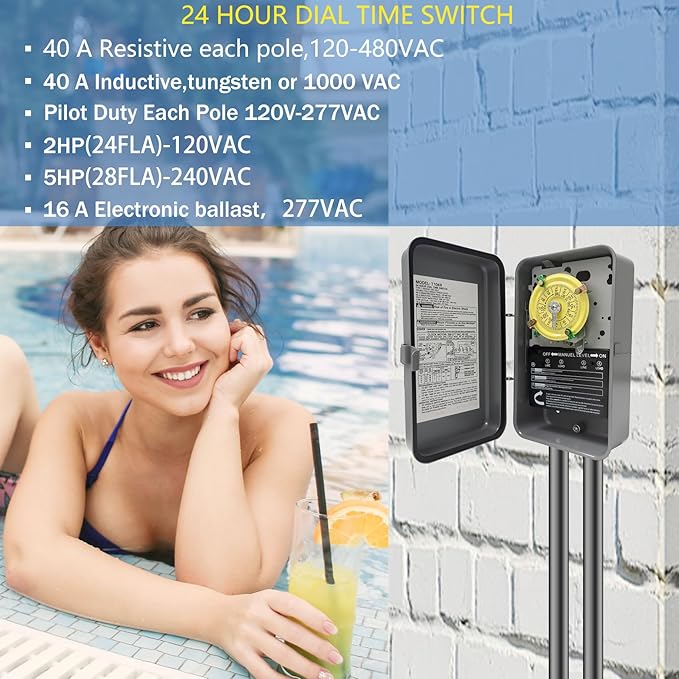 T104R Mechanical Timer Switch, 208–277 VAC 40 Amp, Pool Pump Switch, 24 Hour 12
