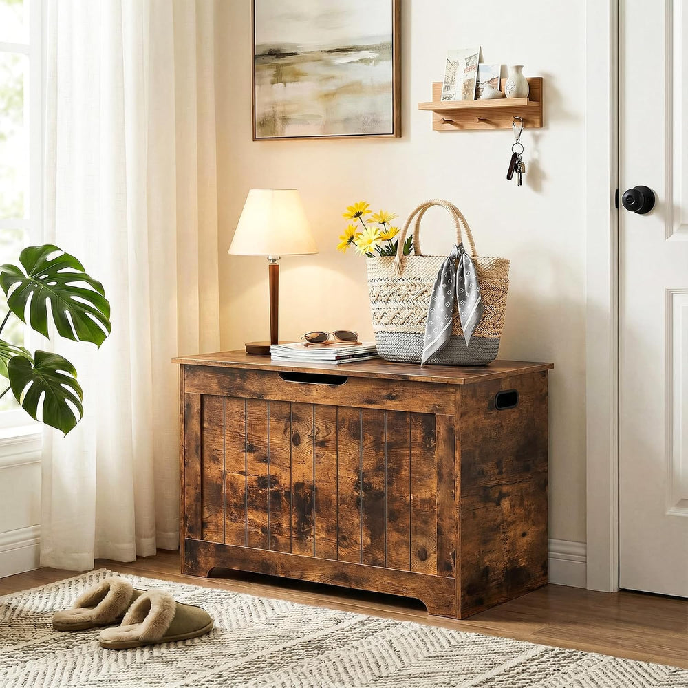 Storage Chest, Wooden Storage Bench with Flip-top Lid & Safety Hinge, Sto...
