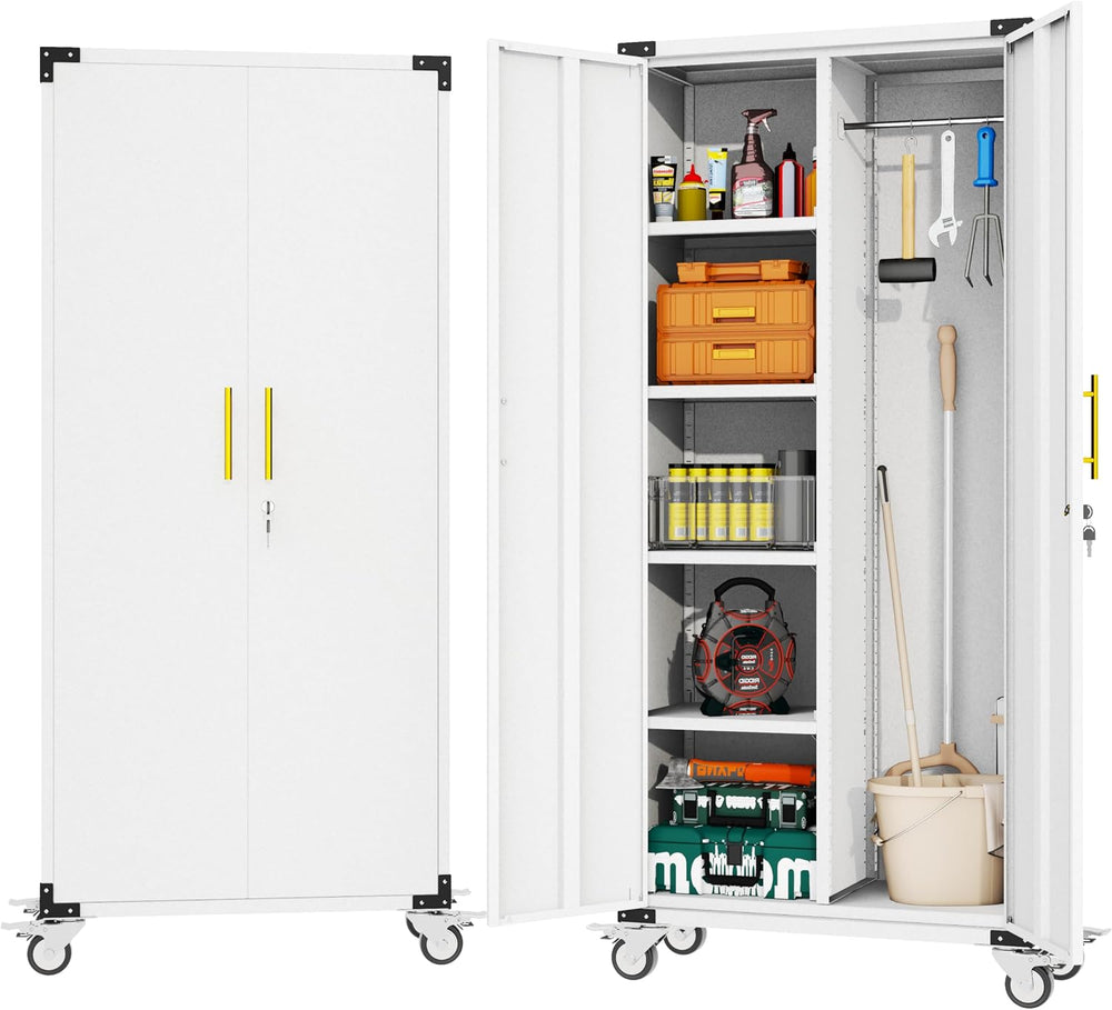 71" Tall Broom Closet Storage Cabinet with Hanging Rod for Cleaning Supp...