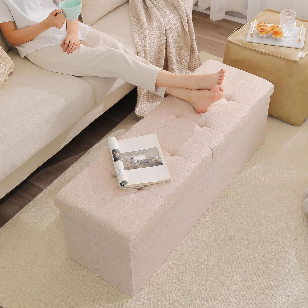 Storage Ottoman Bench Foldable Footrest Foot Stool, 45" Fabric Grey