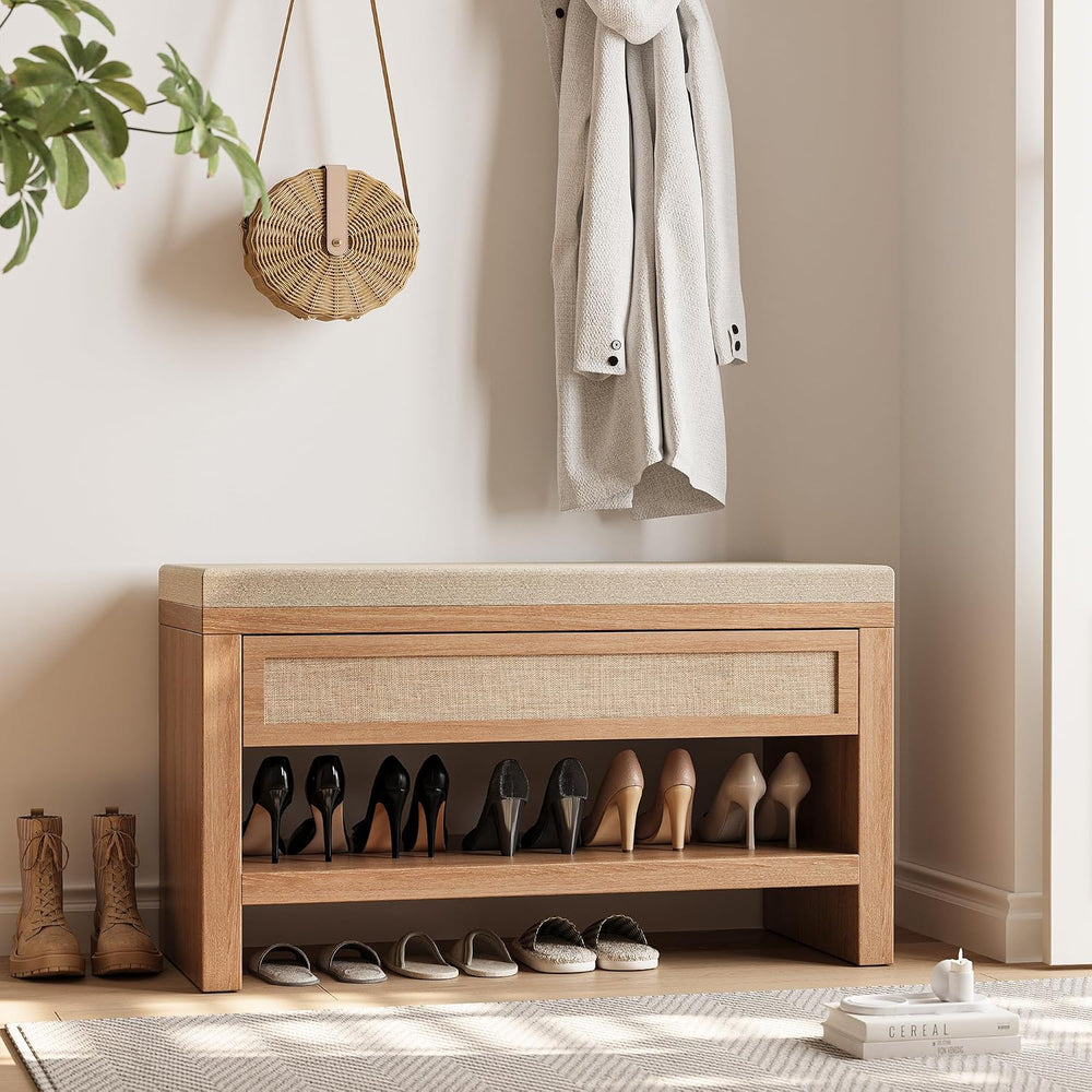 32” Shoe Bench with Storage Drawer, Farmhouse Entryway Bench with Linen Seat ...