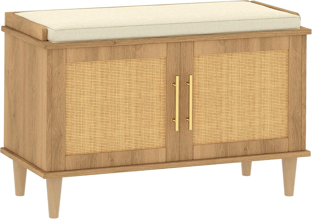Akxomel 31.5" Rattan Shoe Storage Bench 2 Doors Wooden Entryway Bench Oak