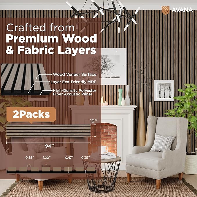 Avana Acoustic Wood Wall Panels – 94.4 x 12.6 Inch Natural Walnut Acoustic (2...