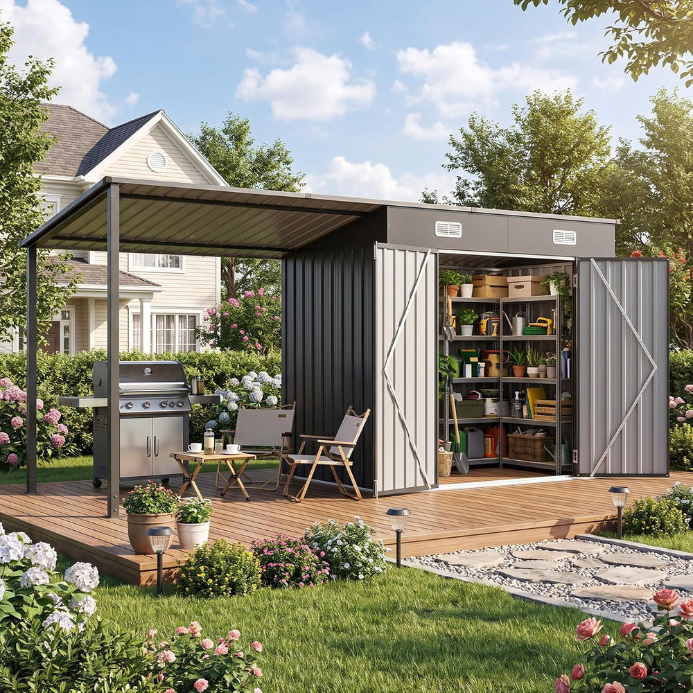 Aoxun 12x4FT Outdoor Lean to Shed & Hardtop Gazebo Black