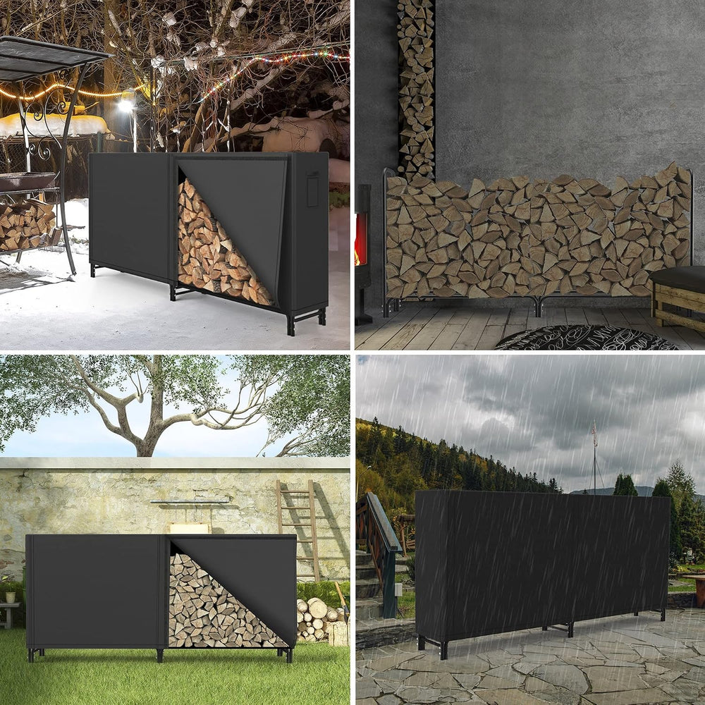 8ft Firewood Rack Outdoor with Oxford Fabric Cover Set, Weather Resistant Fir...