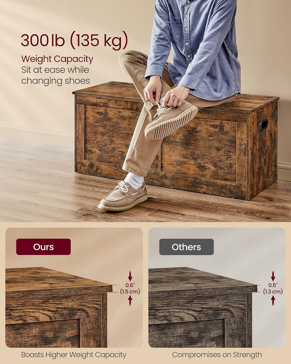 VASAGLE Storage Chest with 2 Safety Hinges, 15.7 x 39.4 x 18.3 Inches