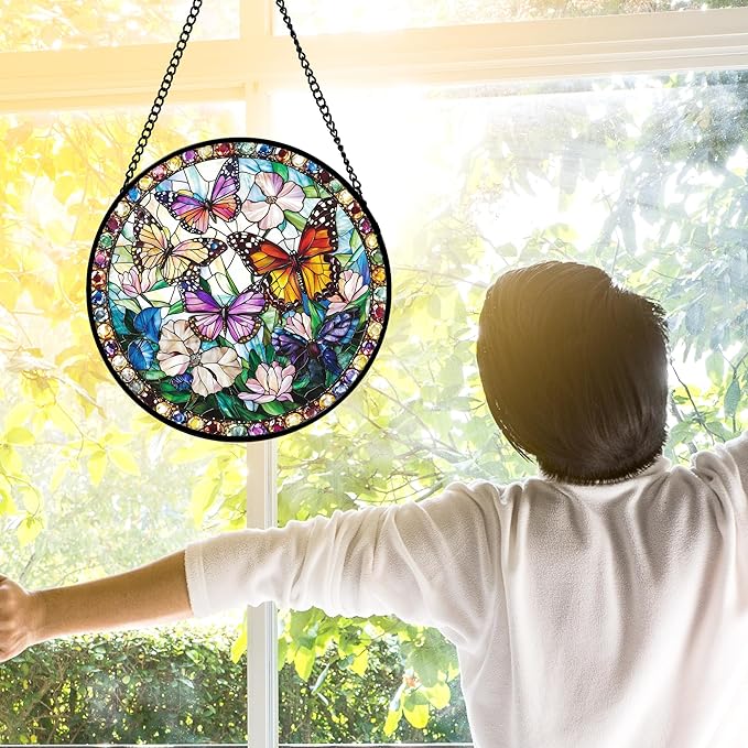 DASTOLL Stained Glass Window Hanging, Colorful Butterfly Suncatcher