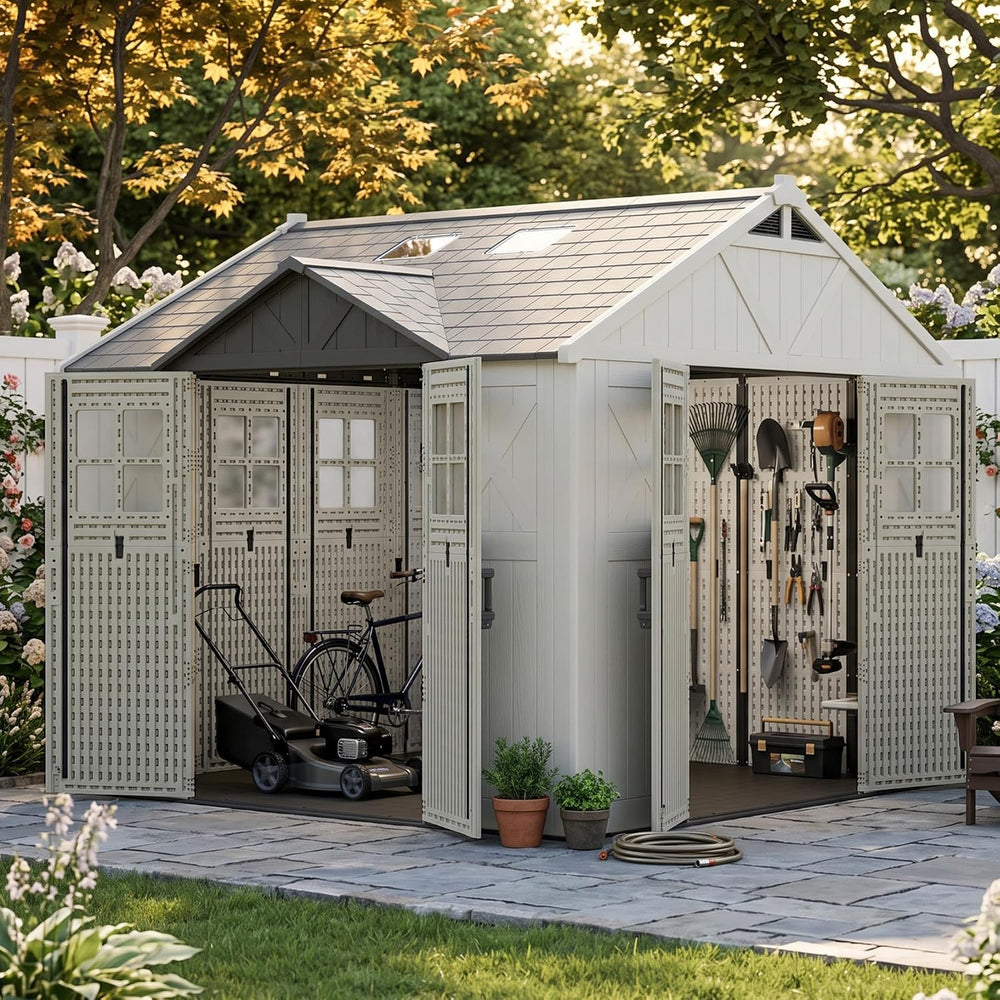 Devoko 10x10 FT Resin Storage Shed with Floor, Sheds with 3 Lockable Doors
