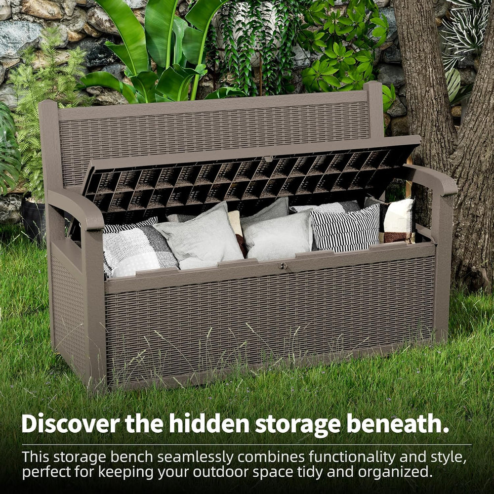 80 Gallon Storage Bench Deck Box Resin Patio Furniture with Armrest, Waterpro...