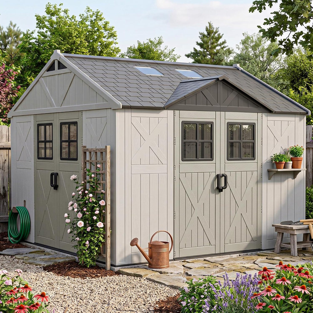Devoko 10x10 FT Resin Storage Shed with Floor, Sheds with 3 Lockable Doors