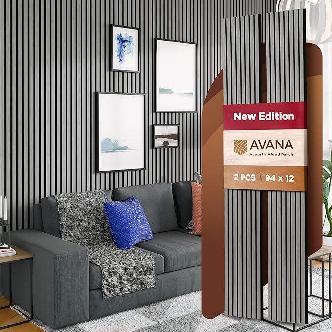 Avana Acoustic Wood Wall Panels – 94.4 x 12.6 Inch Gray Oak Acoustic Panels 2...