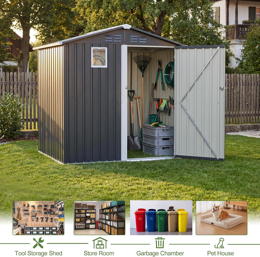Outdoor Metal Storage Shed 6x4 FT,Gray Lockable Storage Shed, Window & Ve...