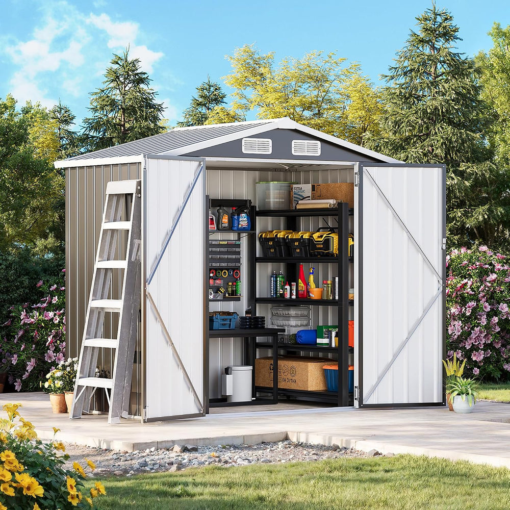 MXV 6x4 FT Outdoor Metal Storage Shed, Lockable Galvanized Steel Tool House w...