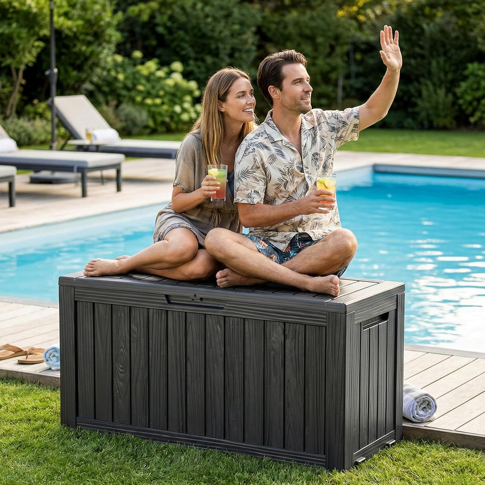 DRATO 100 Gallon Waterproof Deck Box Outdoor Storage Box with Wheels Black