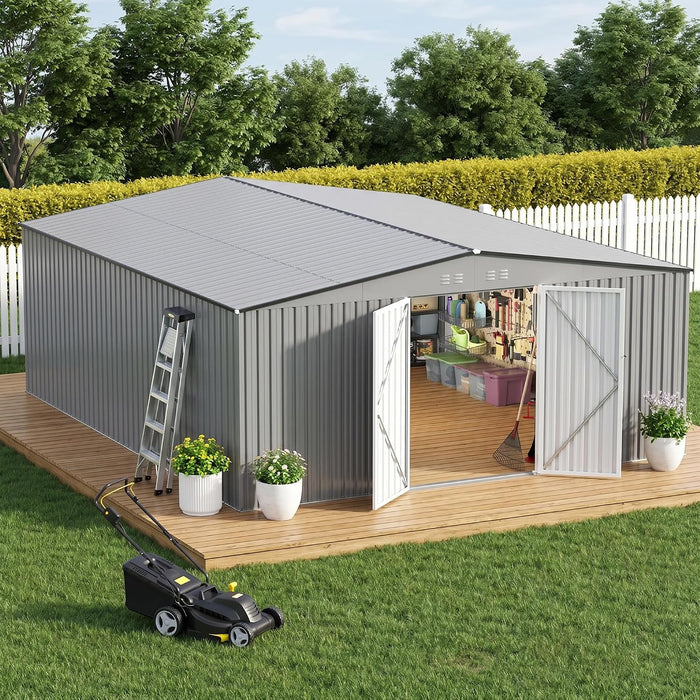 14 x 12 FT Outdoor Storage Shed, Heavy-Duty Galvanized Steel Tool Shed with Reinforced Frame, Lockable Double Door & Side Vents for Backyard Large Equipment, Gray