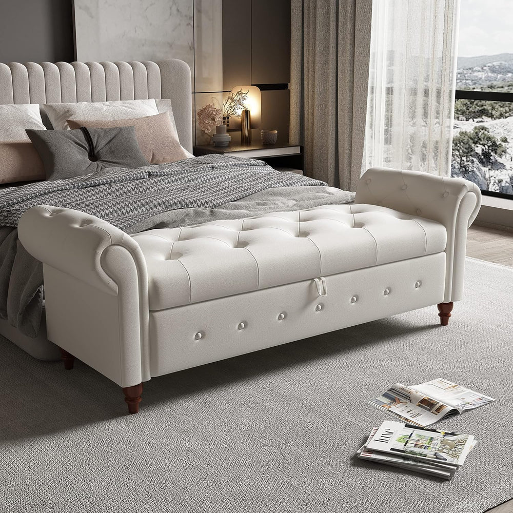 KEIKI Storage Bench for Bedroom, 63" Bed Benches for Foot of Bed, Beige