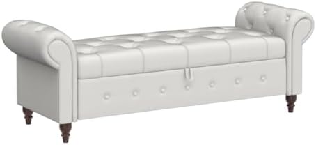 NIOIIKIT 63'' Storage Ottoman Bench, Tufted Entryway Bench White Poly...